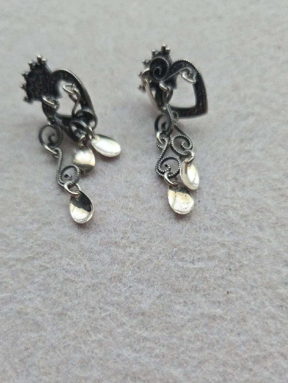 Silver 1950's Crown Heart Drop Post Earrings Norway Milagro Style